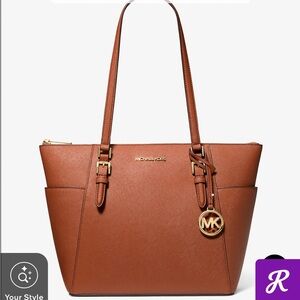 Michael Kors Jet Set / Charlotte Large Saffiano Leather Top-Zip Tote, “Luggage”